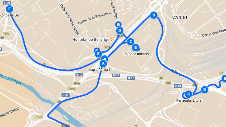 Sortint per la Ronda de Llevant, passant sota el pont del ferrocarril, accedint pel vial dret a la C-31 i anant a l’hospital oncològic.