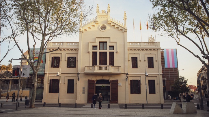 Imatge de la bandera de la visibilitat transgènere a la façana de l'Ajuntament, 2021